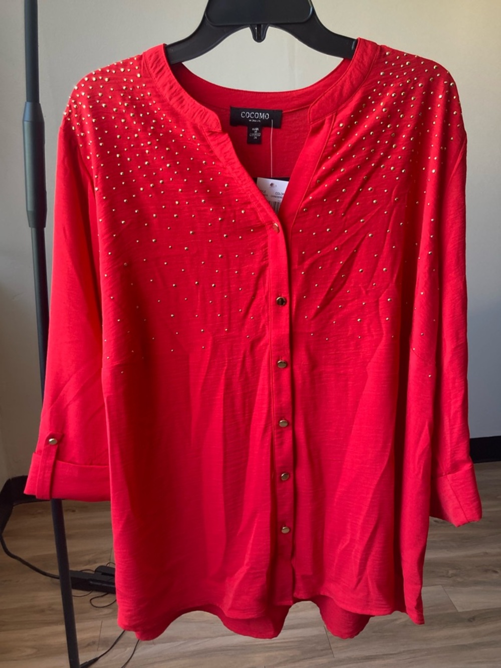 Cocomo button down shirt red with gold metallic embellishments 2X